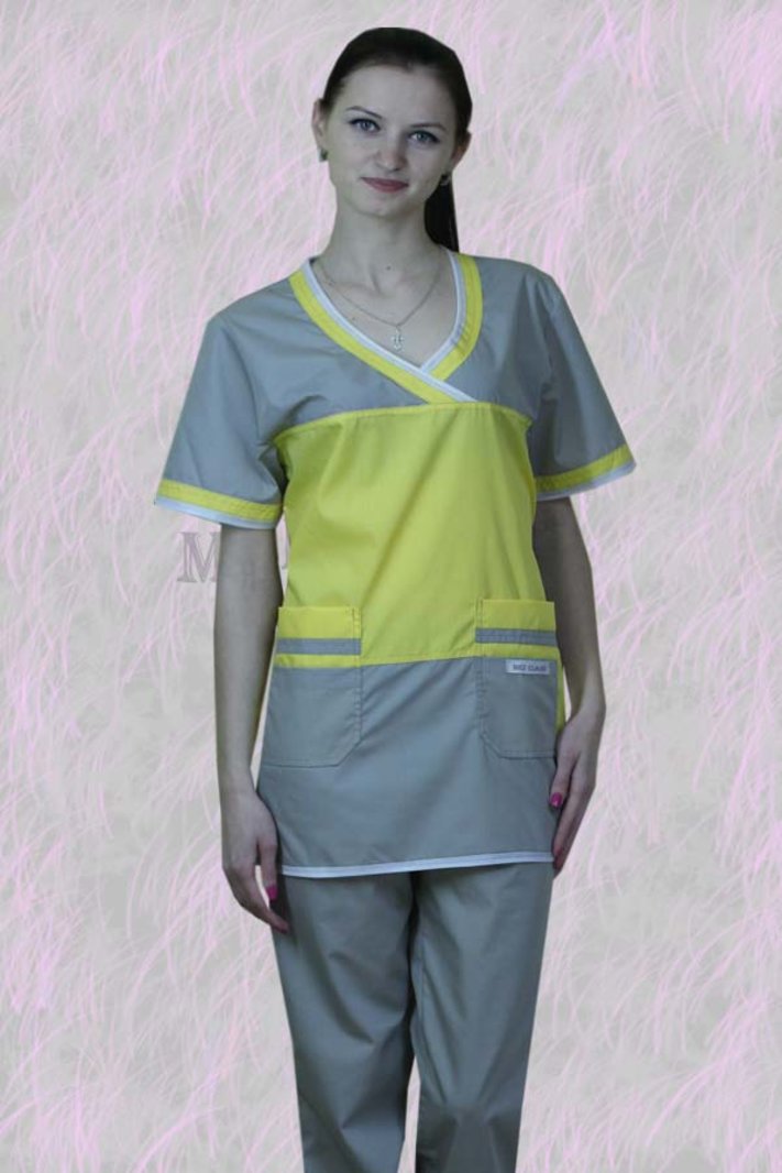 Костюм медицинский хирургический женский  "Карамель" серо-жёлтый из ткани ти си