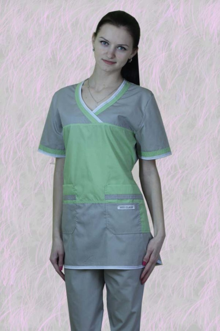 Костюм медицинский хирургический женский "Карамель" серый с оливой из ткани ти си