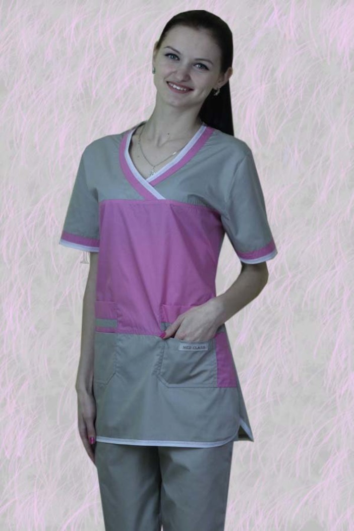 Костюм медицинский хирургический женский "Карамель" серо-розовый из ткани ти си